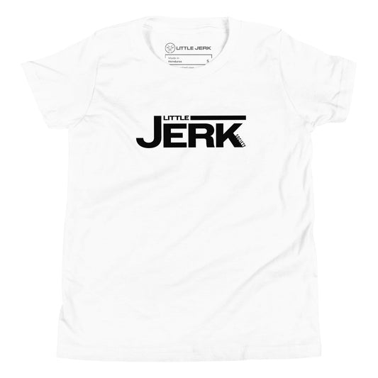 A white t-shirt with the text 'LITTLE JERK' printed in bold black letters.