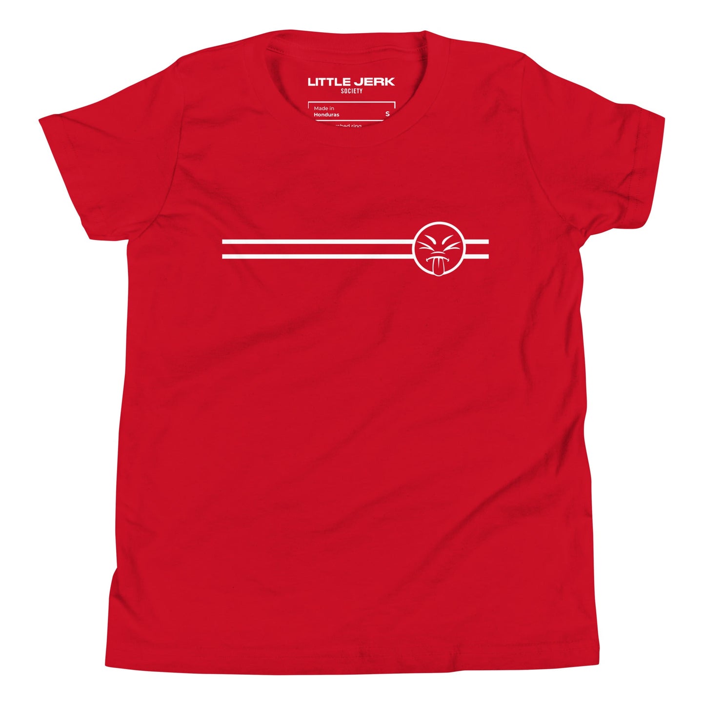 Red t-shirt featuring a circular graphic and two horizontal white stripes