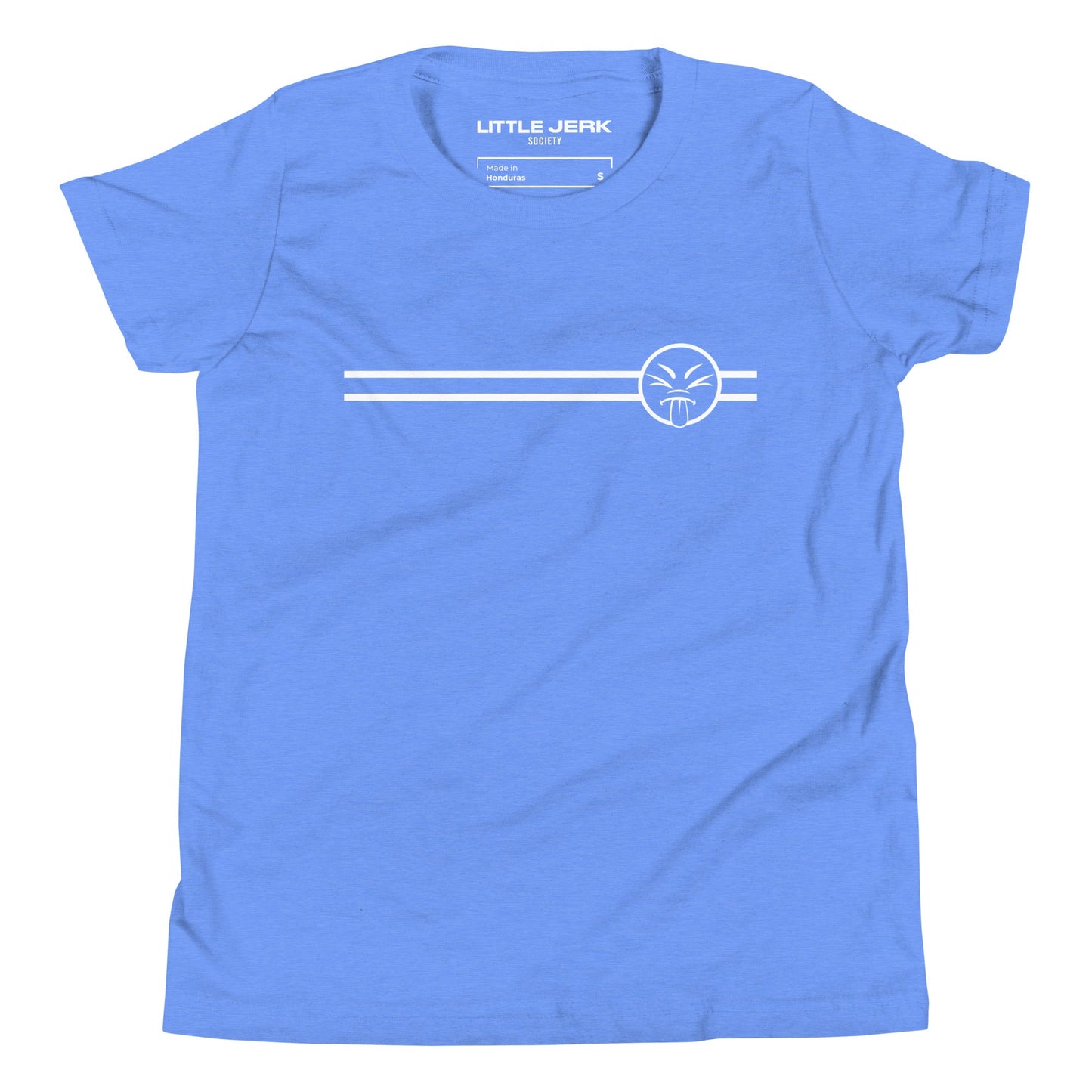A blue t-shirt featuring a simple white graphic design with two horizontal stripes and a circular emblem.