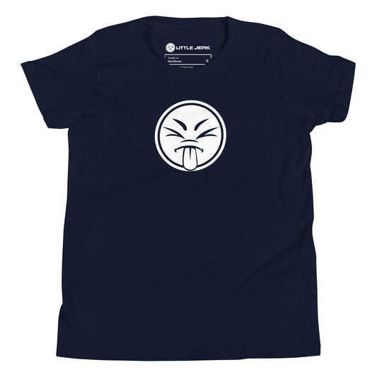 Navy blue t-shirt featuring a playful cartoon face with a tongue sticking out.