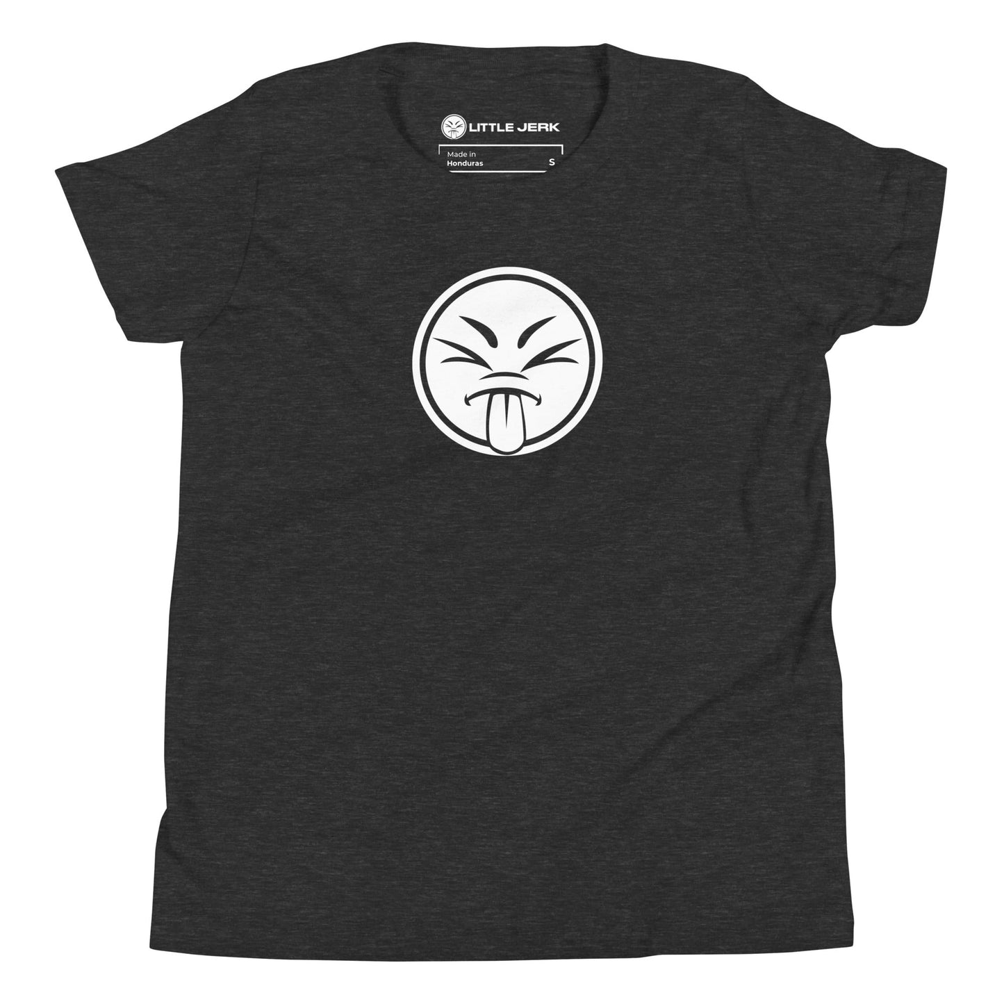 Dark t-shirt featuring a playful white graphic of a tongue-out emoji face