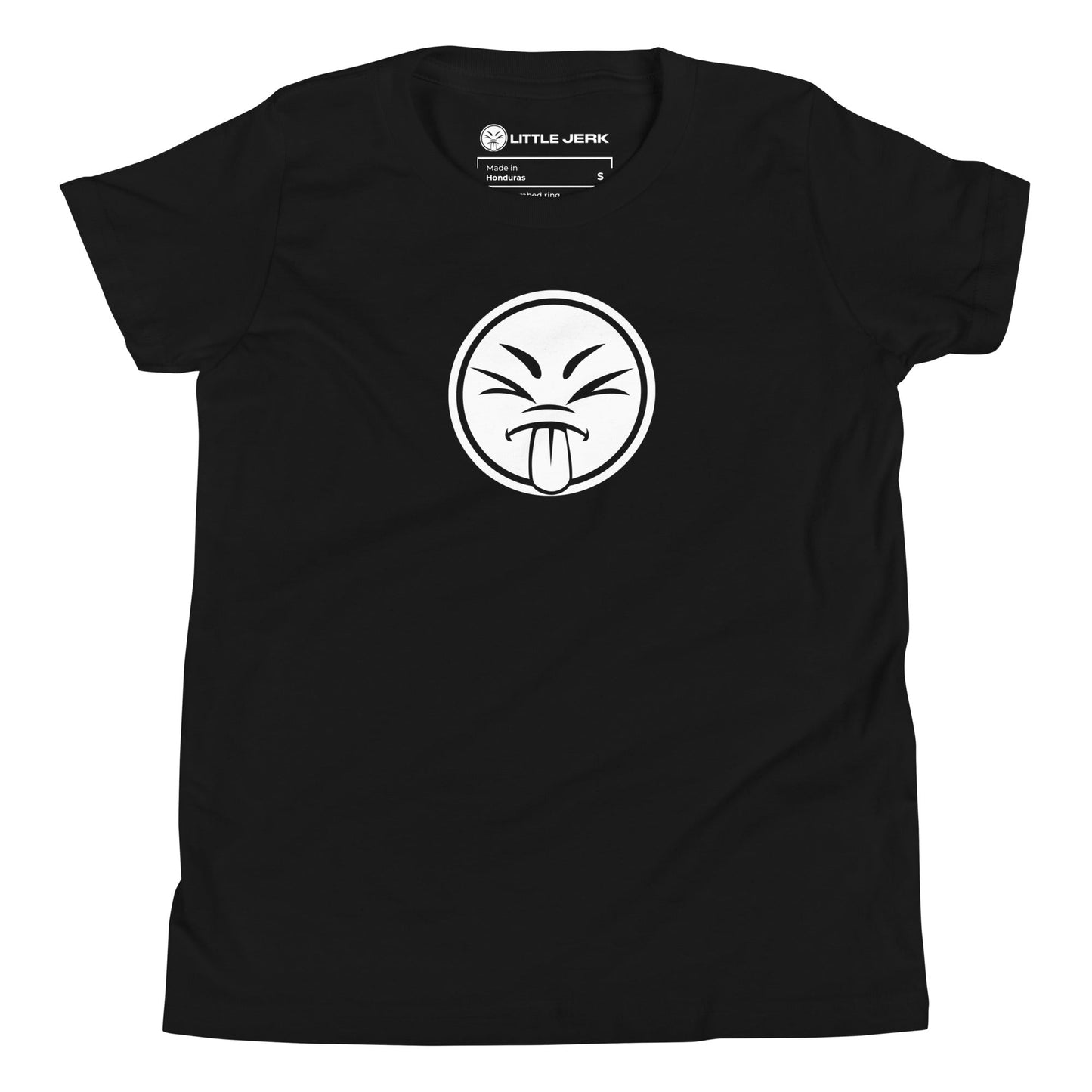 Black t-shirt featuring a white graphic of a smiling face with a tongue sticking out.