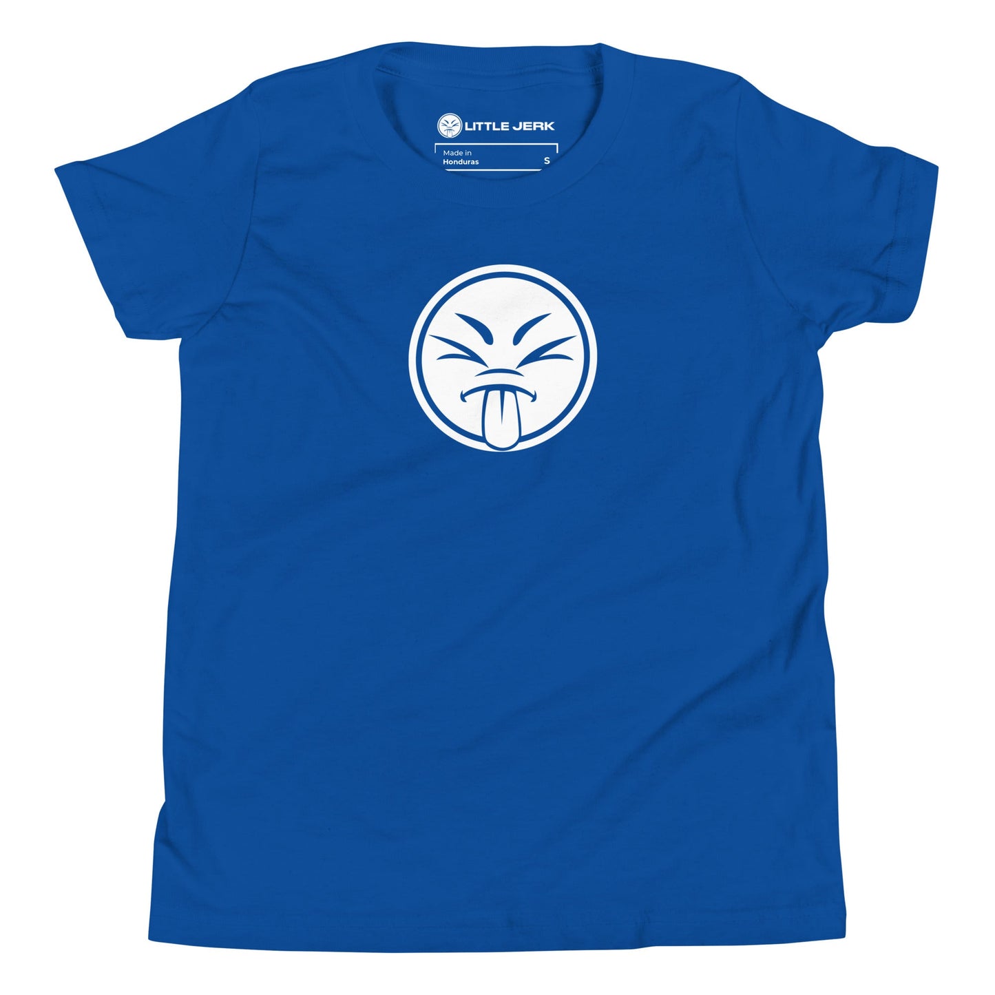 Blue t-shirt featuring a white graphic of a playful face with a sticking out tongue.