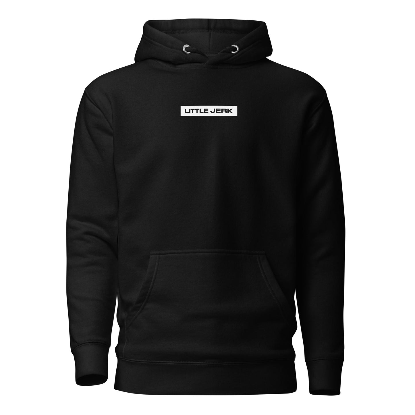 Black hoodie with 'LITTLE JERK' text on the front