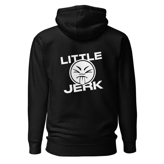 Black hoodie with the text 'LITTLE JERK' and a graphic emblem on the back.