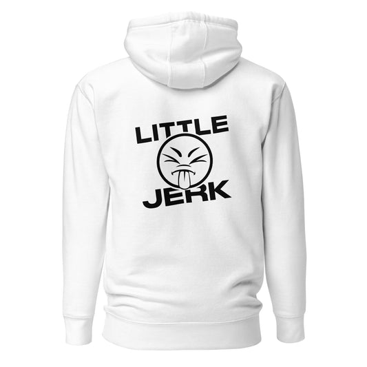 White hoodie with 'LITTLE JERK' text and a graphic face design on the back.