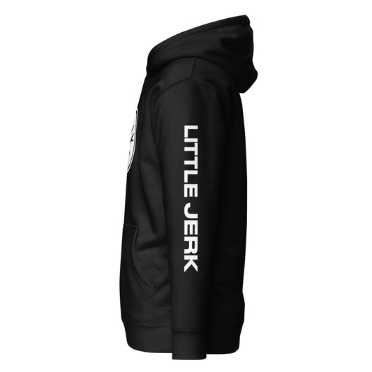 Black hoodie with the text 'LITTLE JERK' on the sleeve