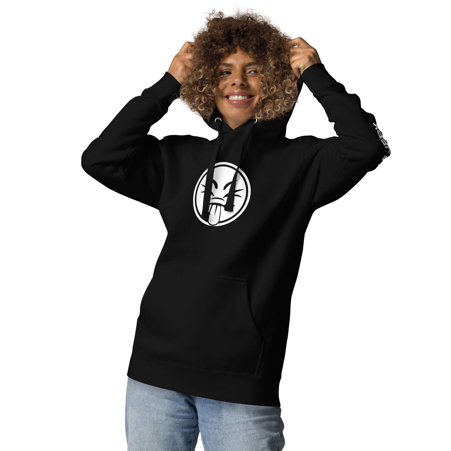 Person wearing a black hoodie with a logo, smiling and posing