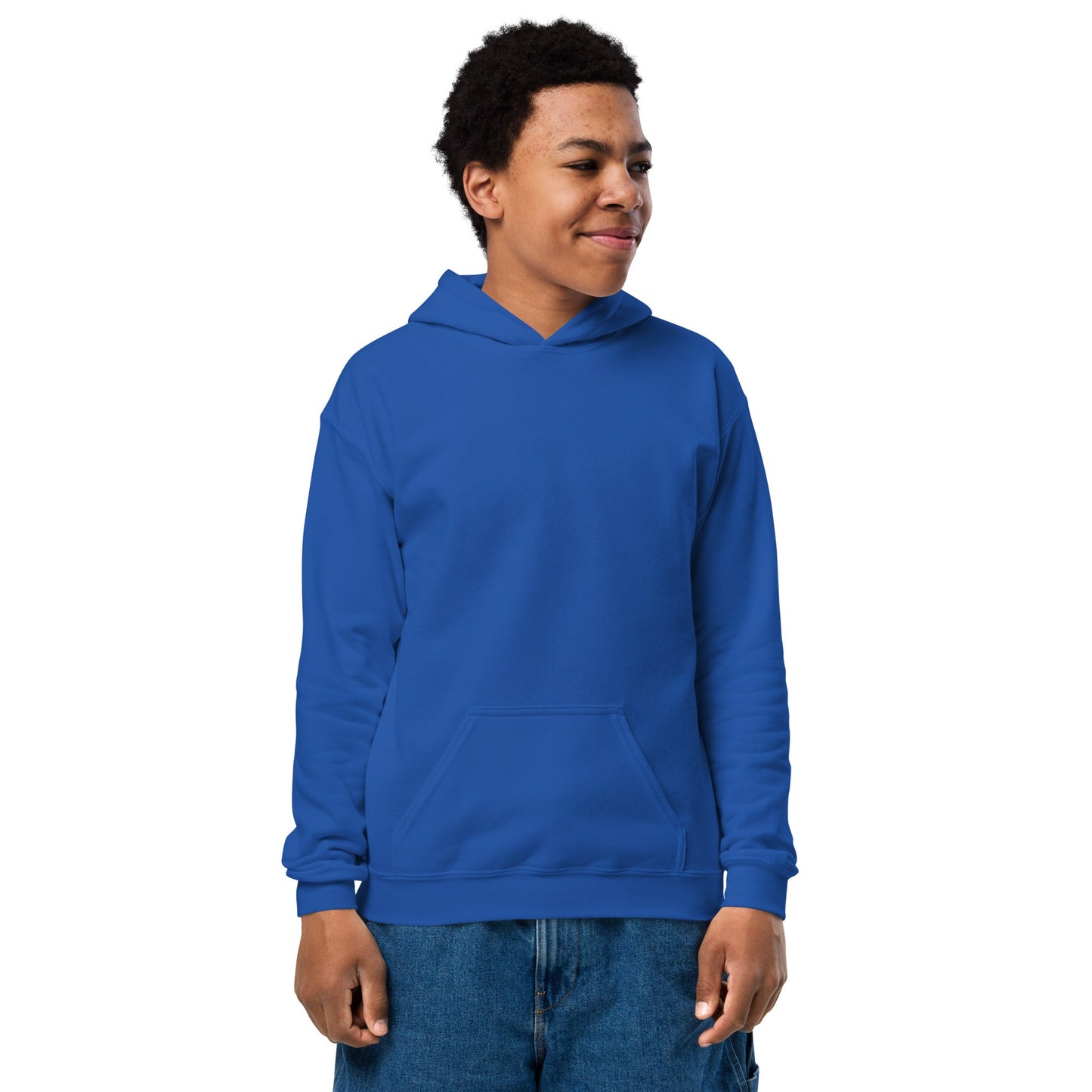 Smiling young person wearing a blue hoodie