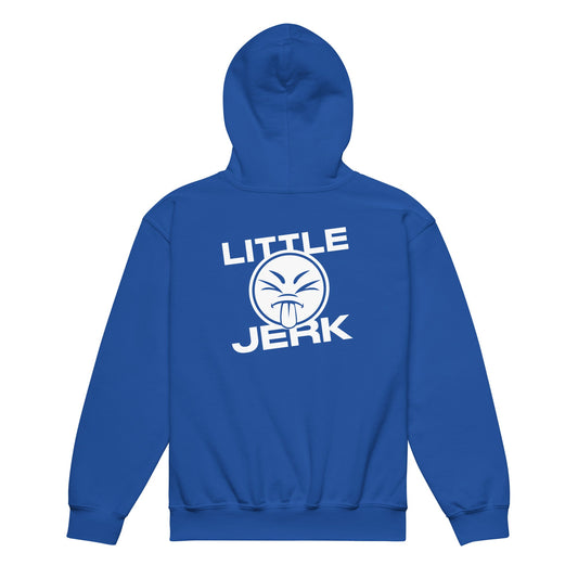 Blue hoodie with the text 'LITTLE JERK' and a graphic design on the back.