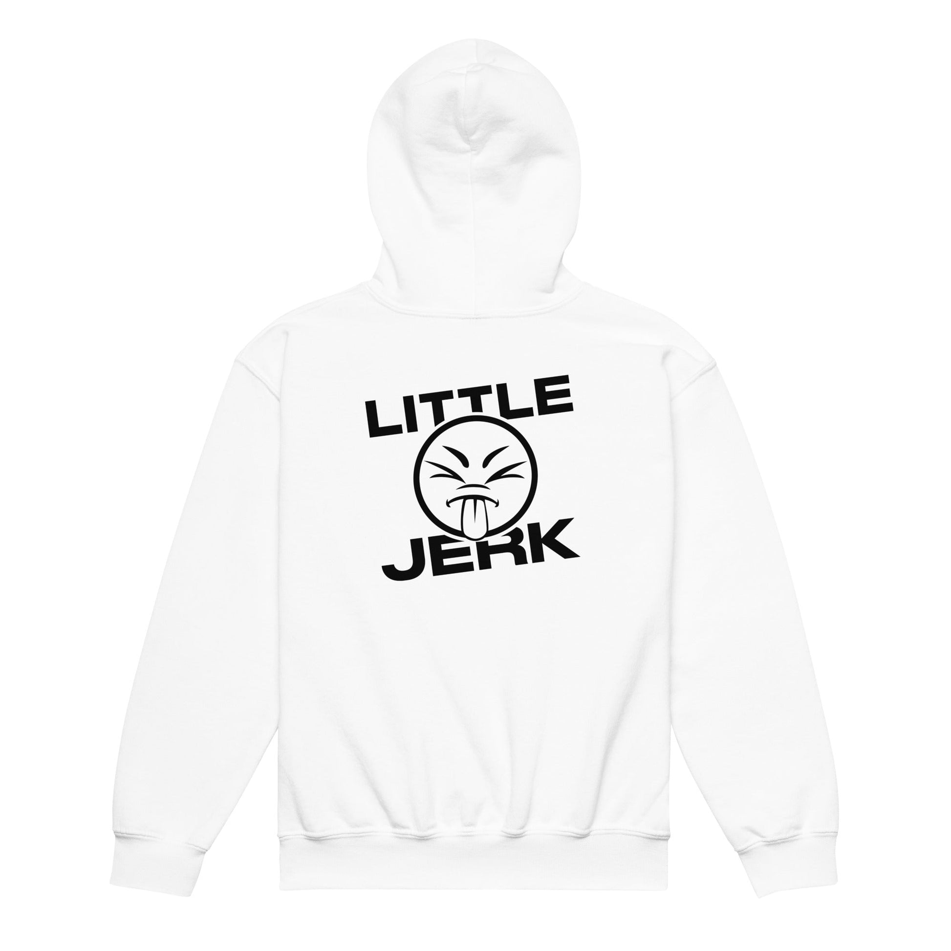 White hoodie with 'LITTLE JERK' graphic design on the back
