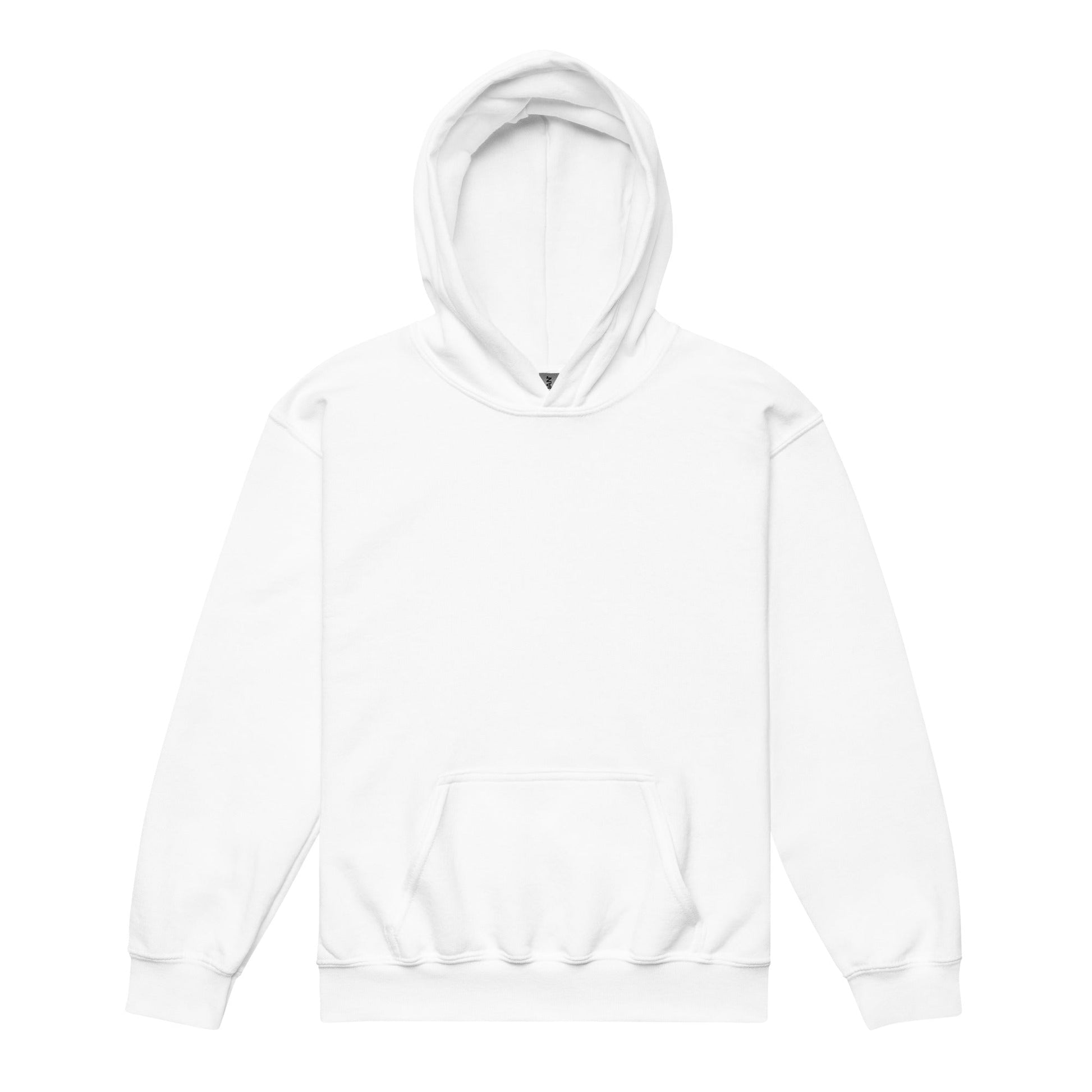A plain white hoodie with a front pocket and a drawstring hood.