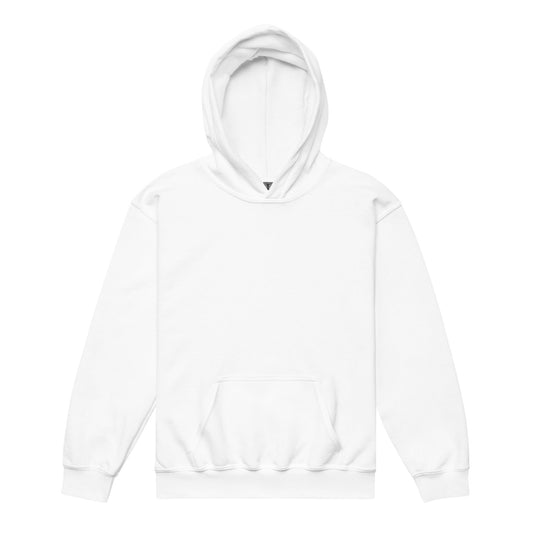 A plain white hoodie with a front pocket and a drawstring hood.