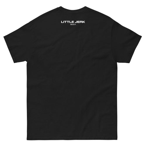 Black t-shirt featuring the text 'LITTLE JERK' on the back.