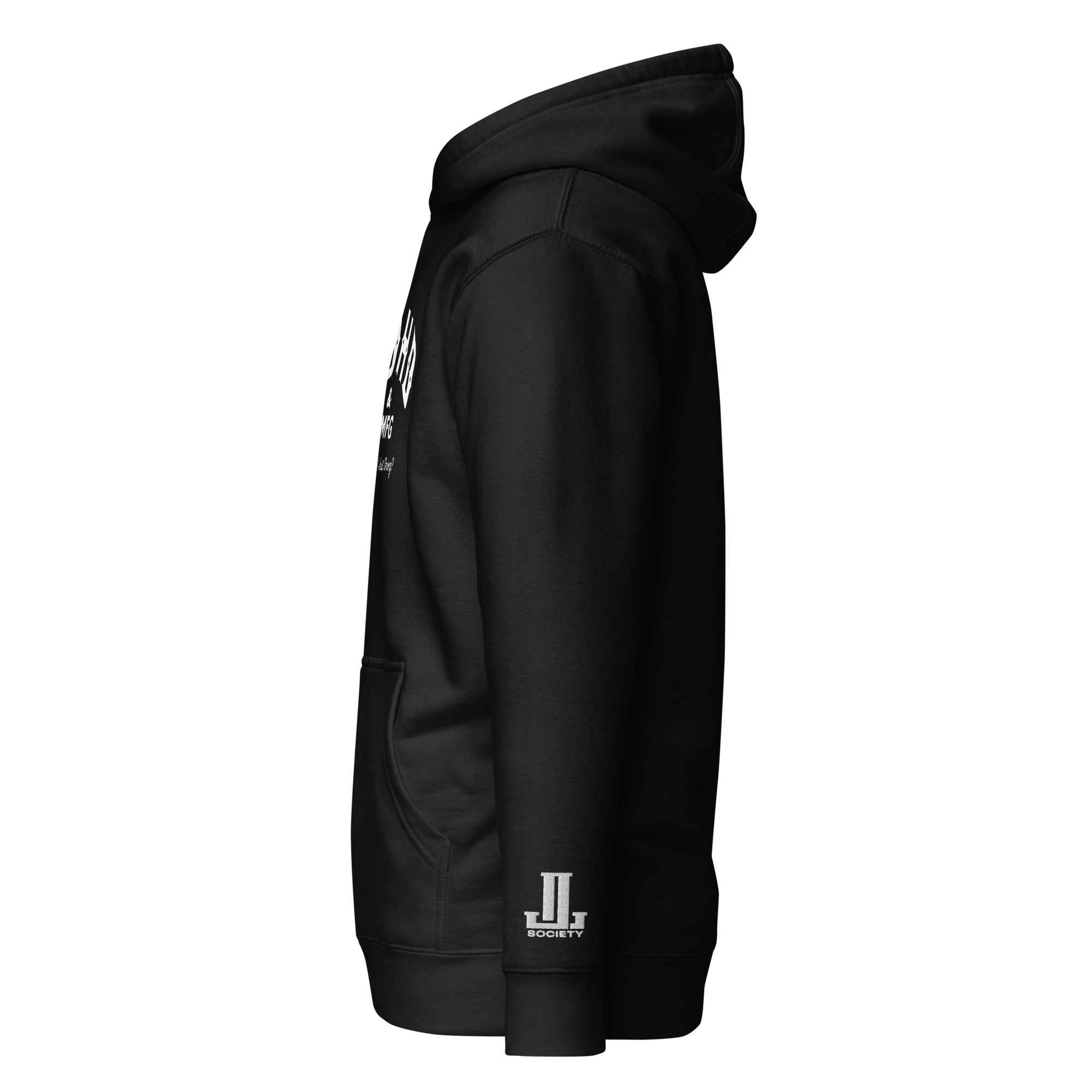 Black hoodie with a kangaroo pocket and a hood, shown from the side.