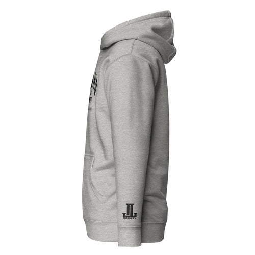 Side view of a gray hoodie with a front pocket and logo on the sleeve.