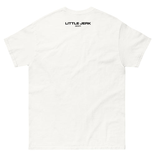 Back view of a white t-shirt with 'LITTLE JERK' printed at the top
