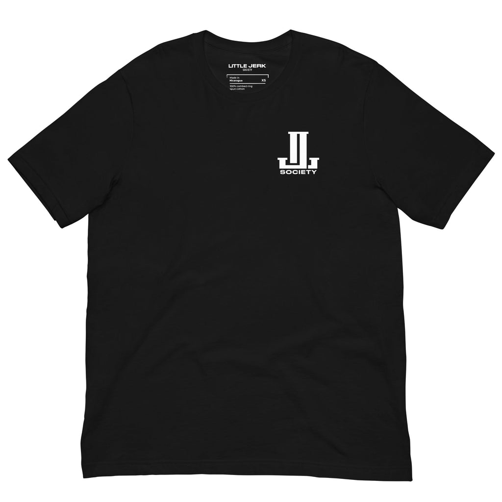 Black short-sleeve t-shirt with a white logo on the chest.