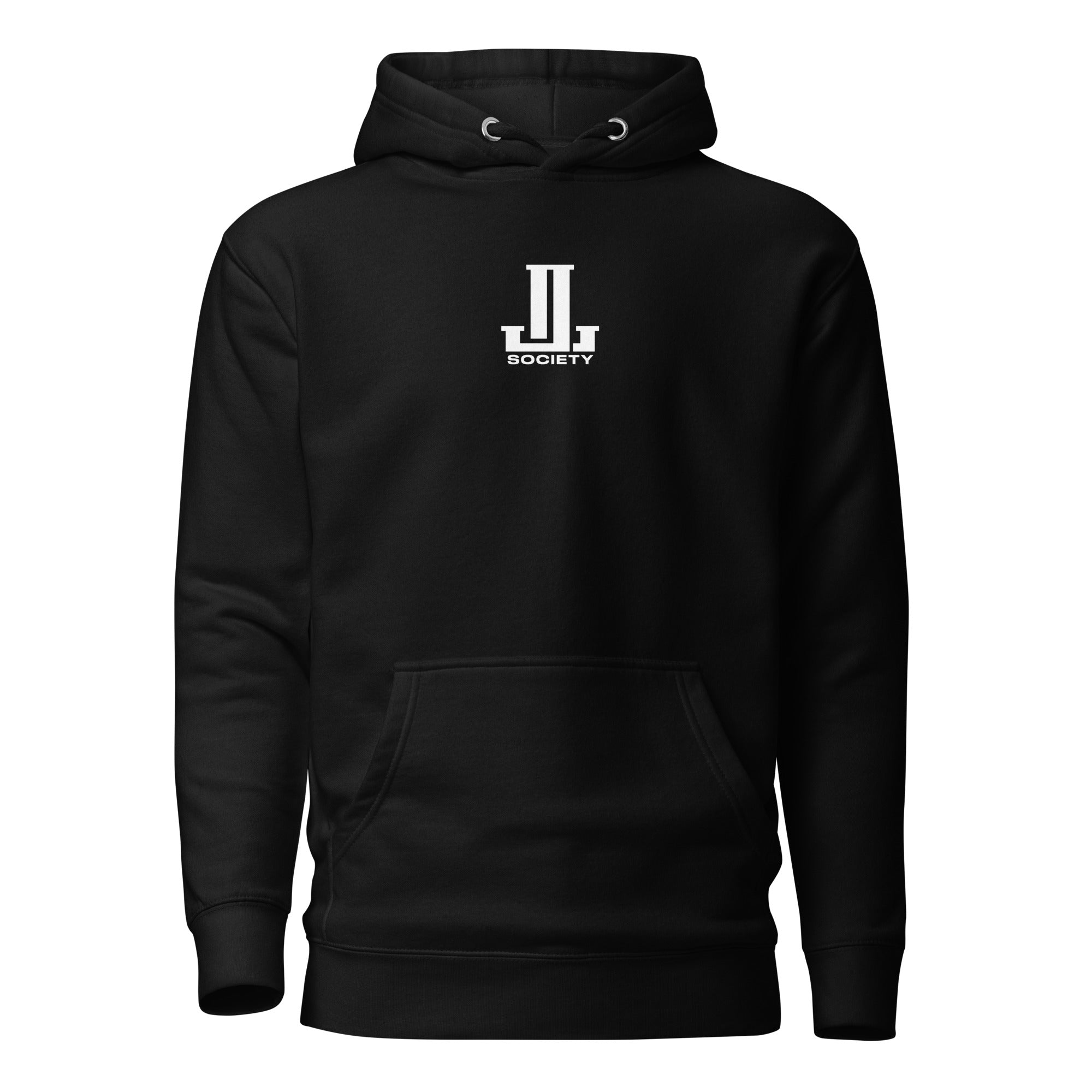 Black hoodie featuring a logo on the chest.