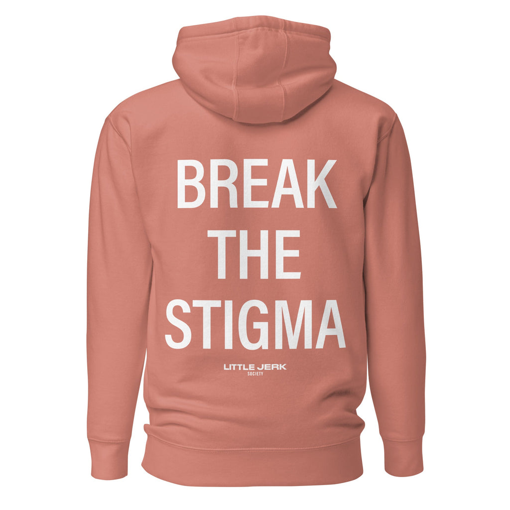 Back view of a peach hoodie with the text 'BREAK THE STIGMA' in bold white letters.