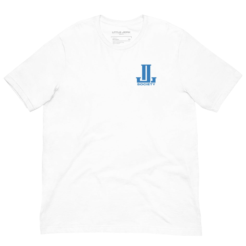 White t-shirt with a blue logo on the chest