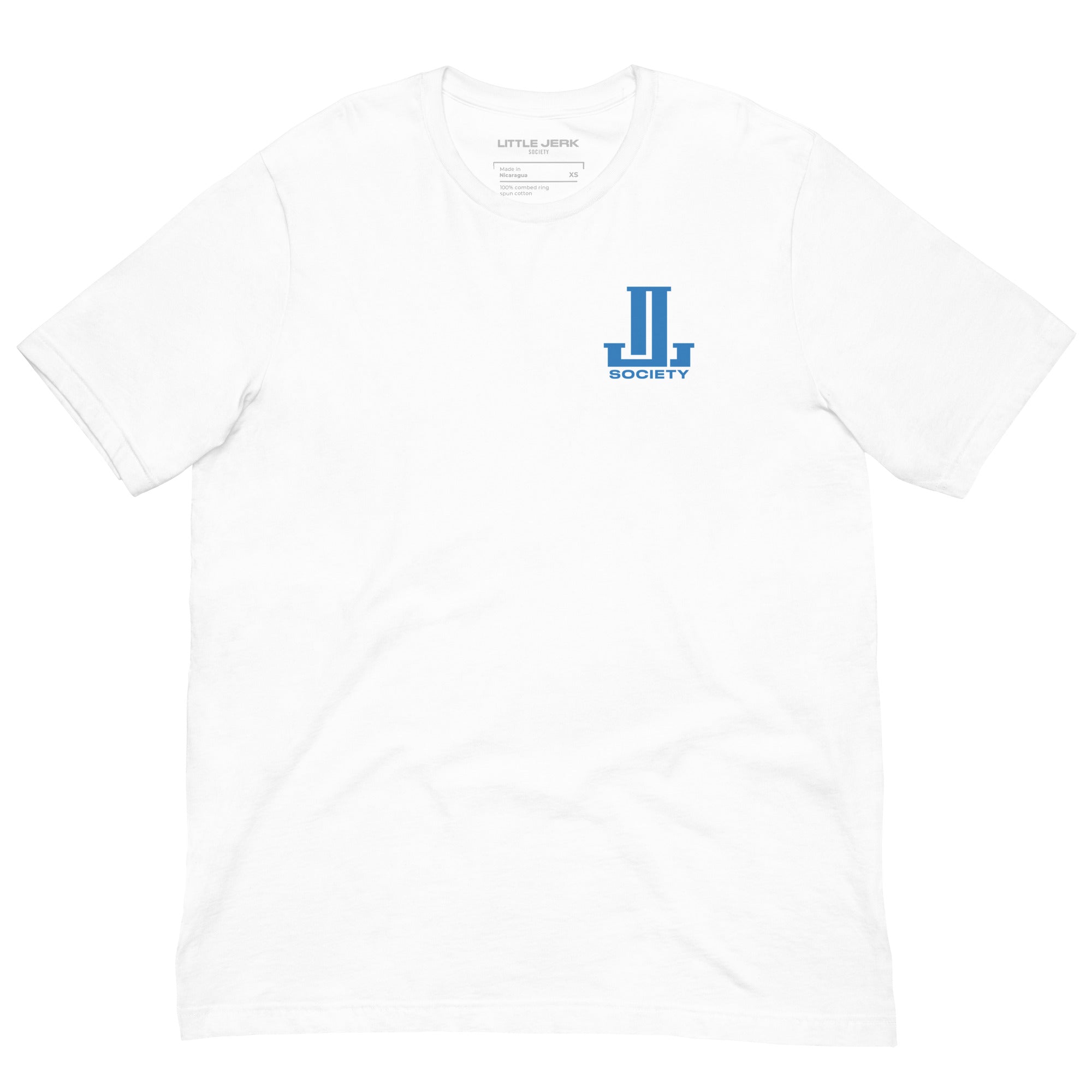 White t-shirt with a blue logo on the chest