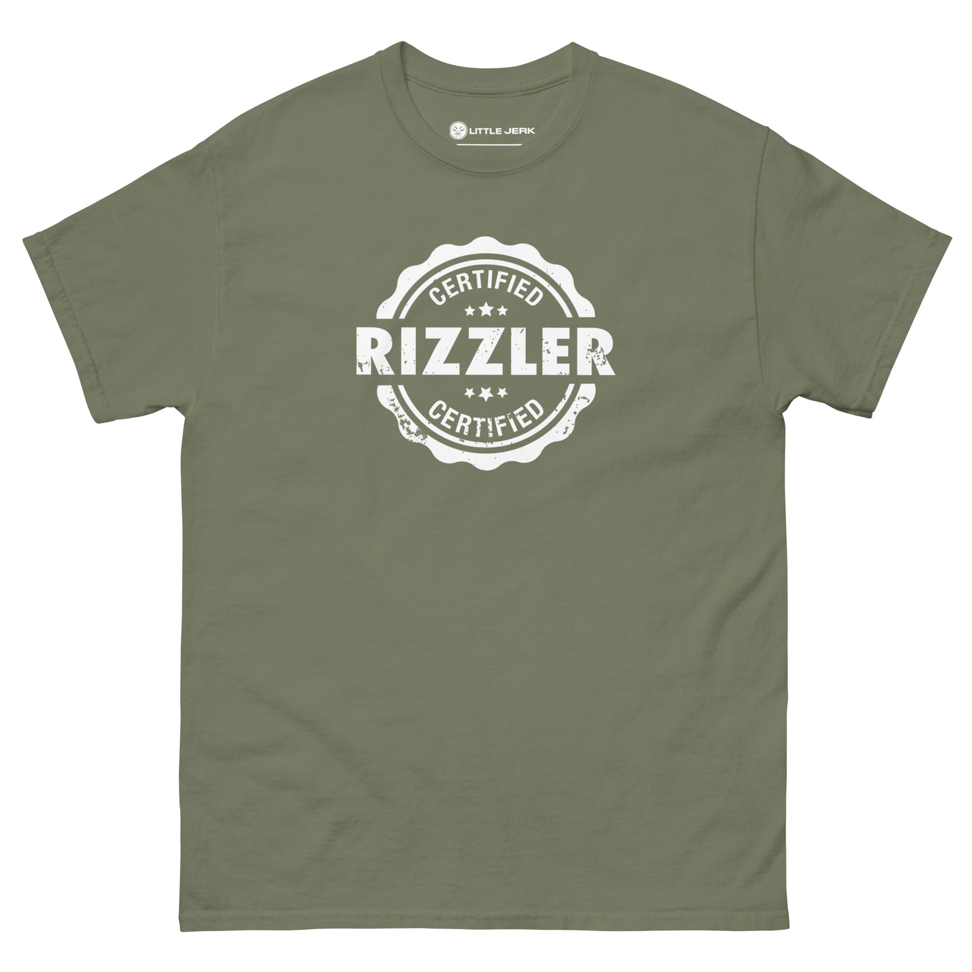 Olive green t-shirt featuring a circular logo that says 'Rizzler' with the words 'Certified' above and below.