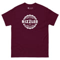 Maroon t-shirt with 'RIZZLER' and 'Certified' graphic design