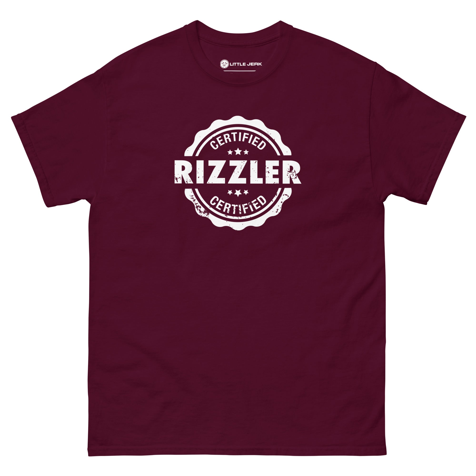 Maroon t-shirt with 'RIZZLER' and 'Certified' graphic design