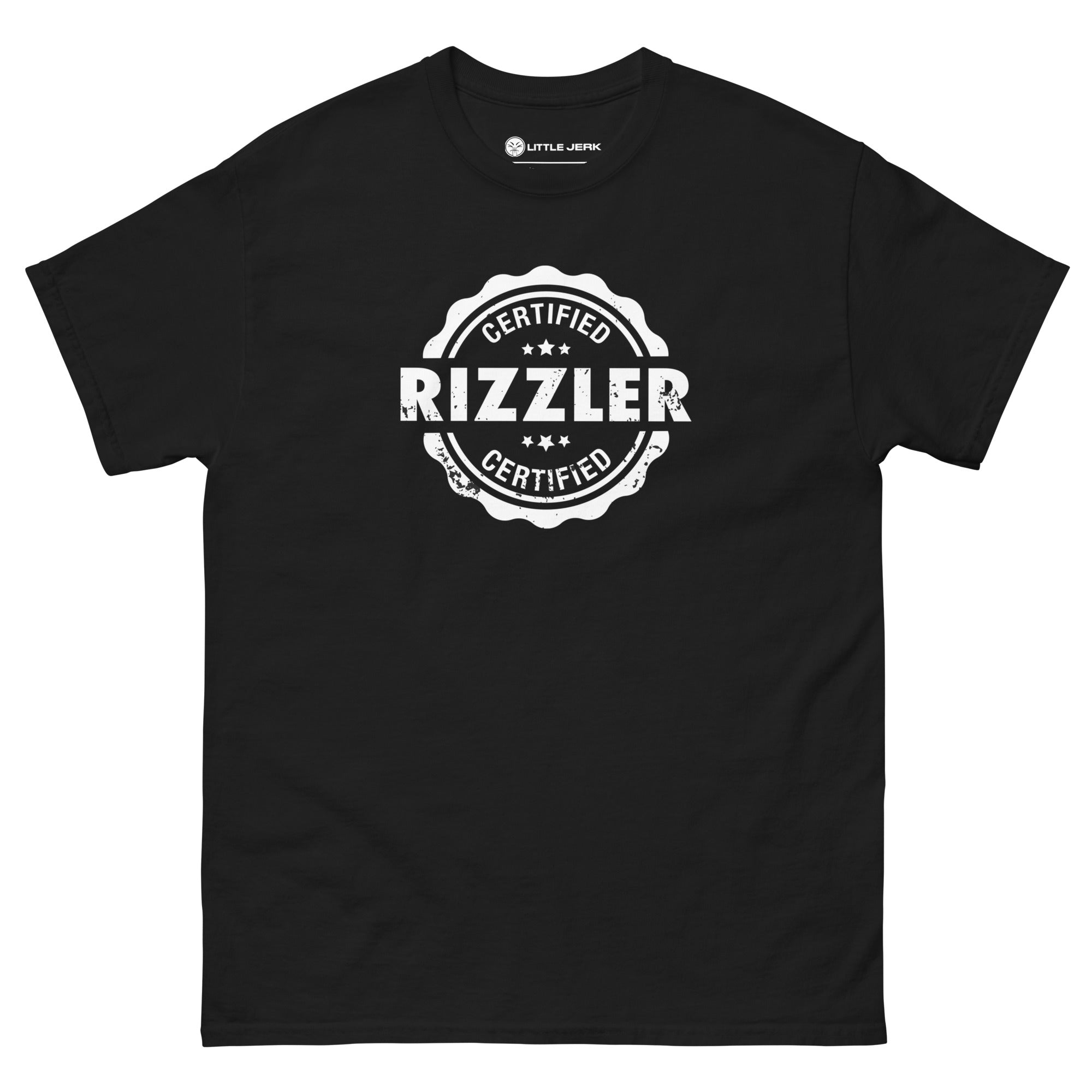 Black t-shirt featuring a circular logo with the text 'RIZZLER' and 'CERTIFIED' in a stylized font.