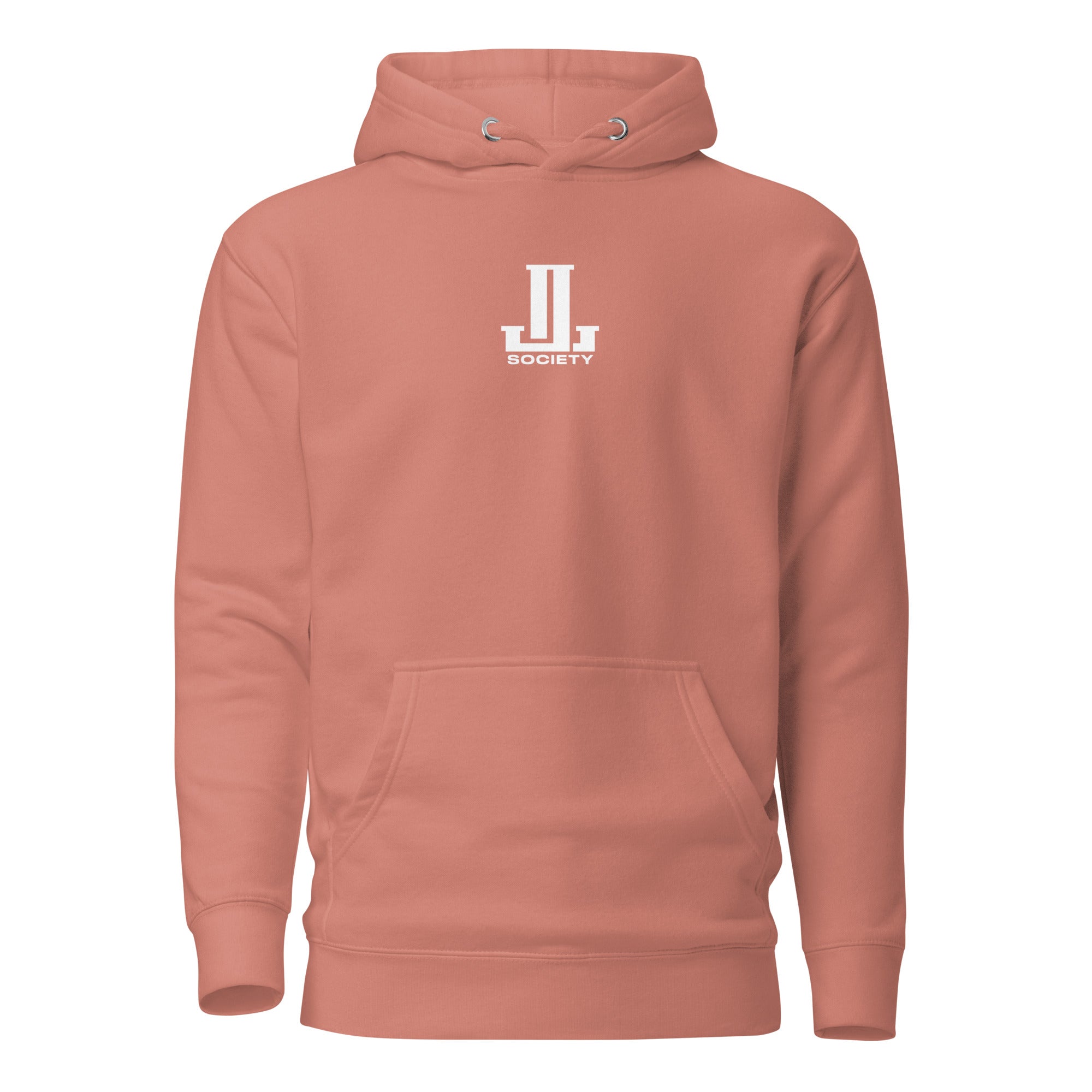 Coral hoodie with a logo on the front