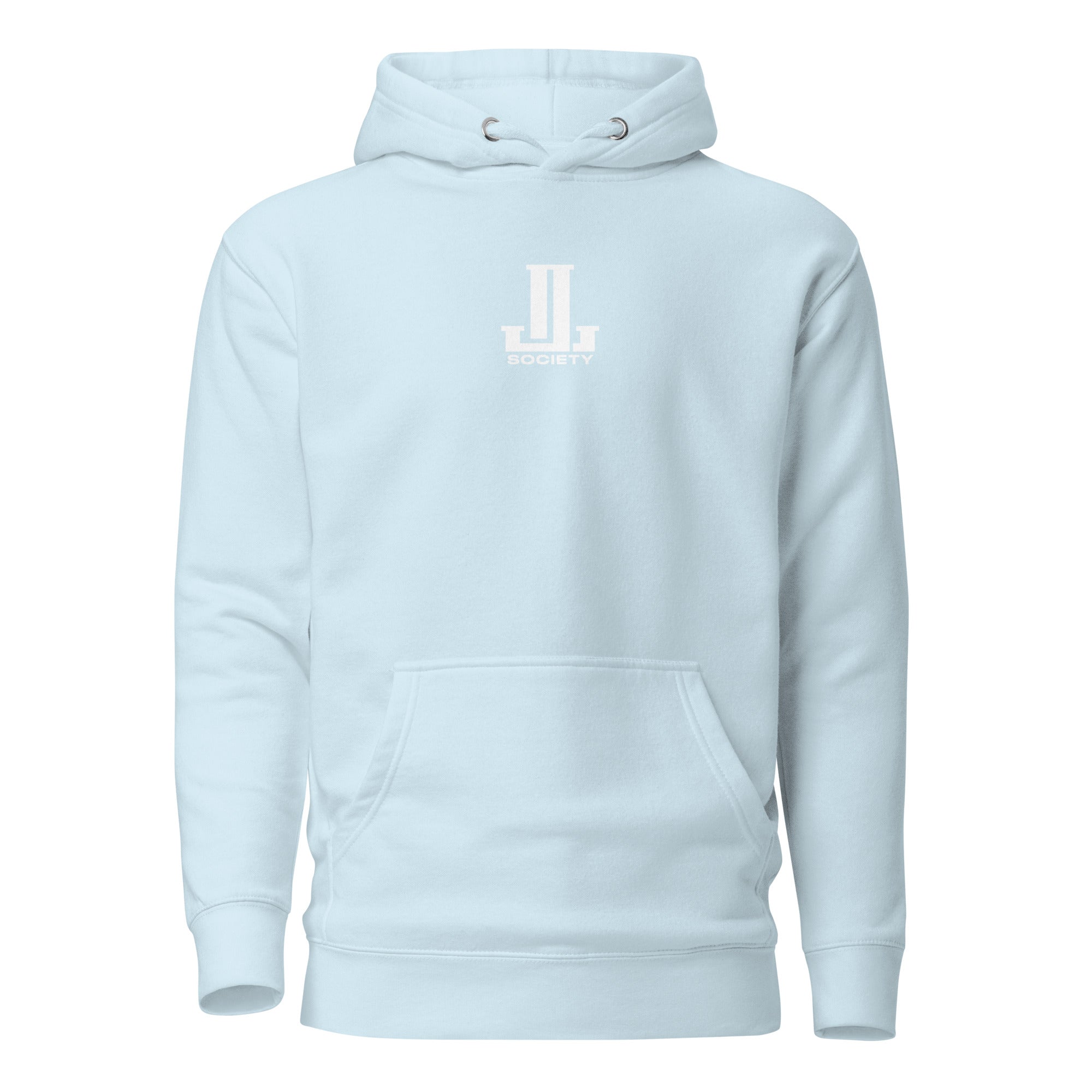 Light blue hoodie with a white logo on the front