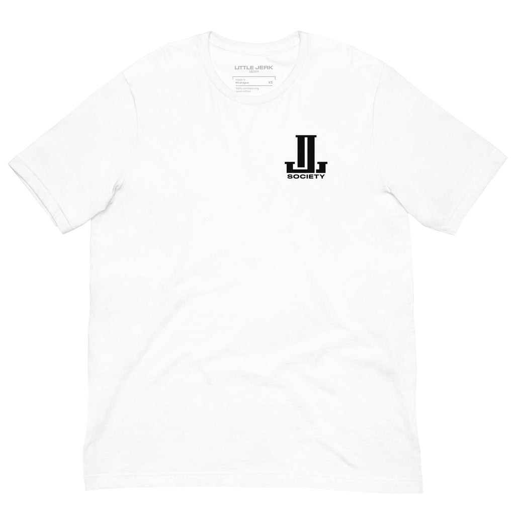 White t-shirt featuring a black logo on the front.
