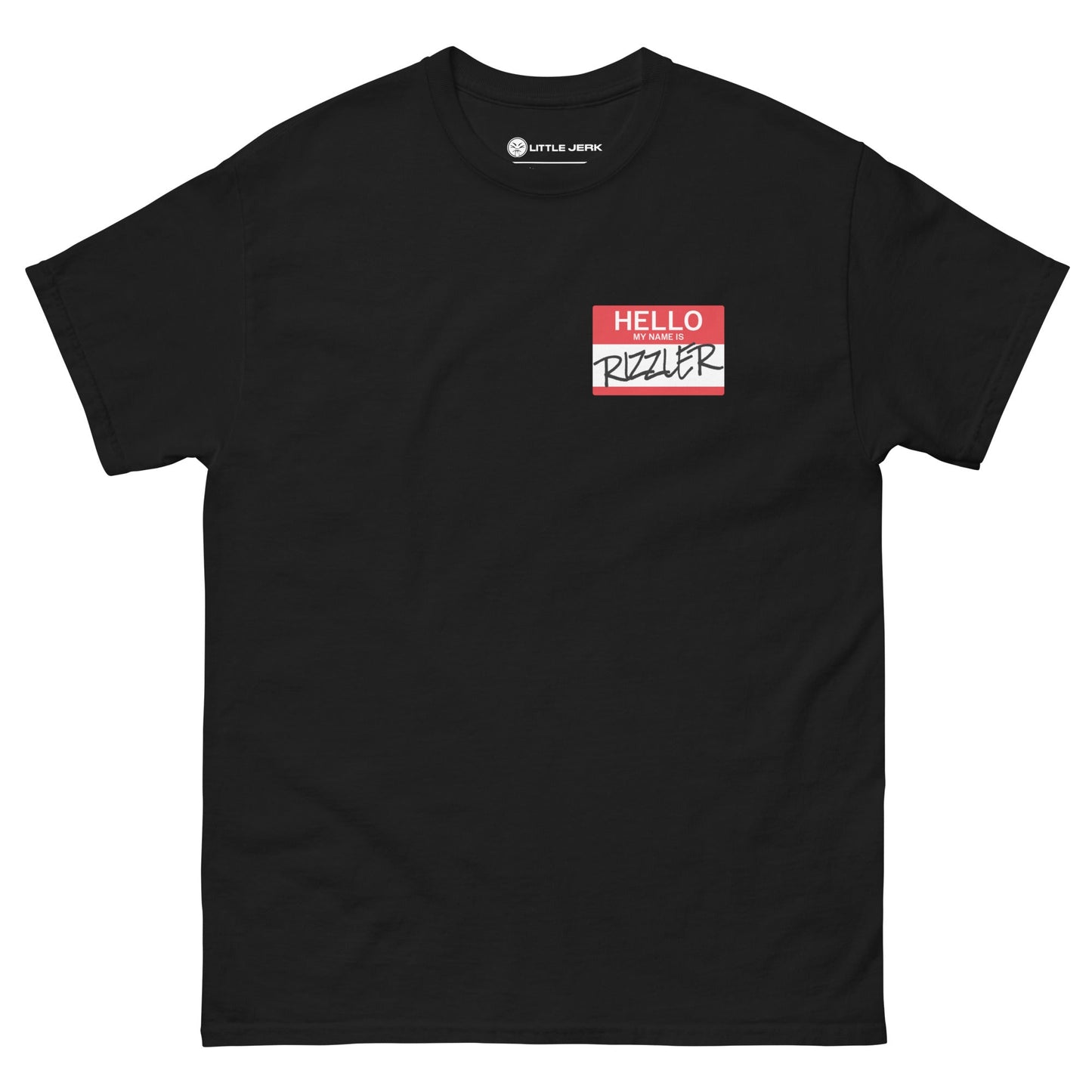 Black t-shirt with a 'Hello, my name is...' label design.