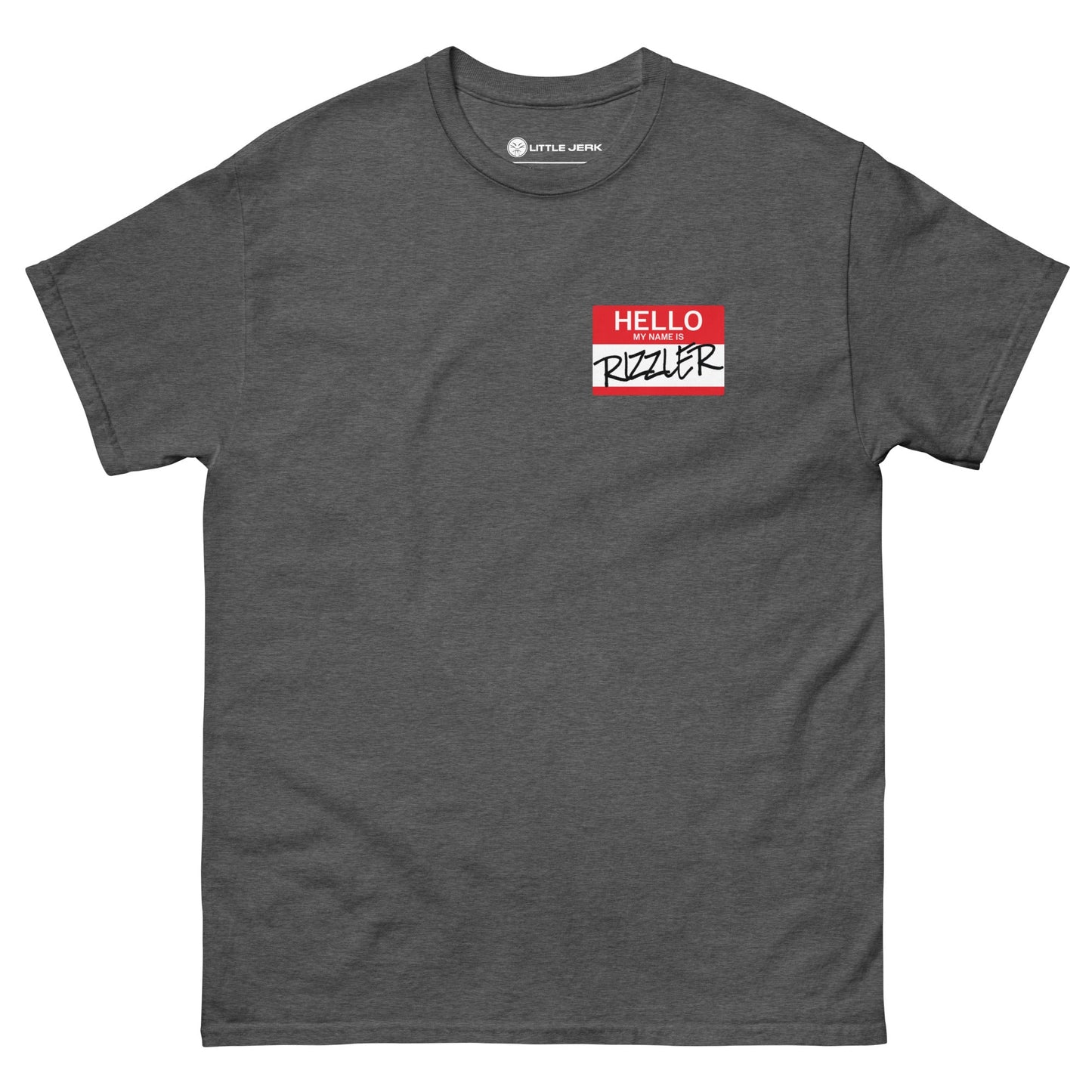 Gray t-shirt featuring a red and white 'Hello, My Name Is' label design