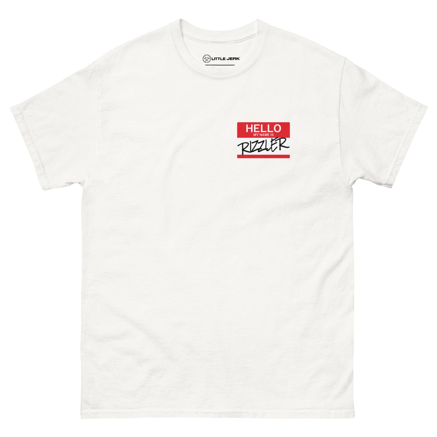 White t-shirt with a red and black graphic that reads 'HELLO READER'