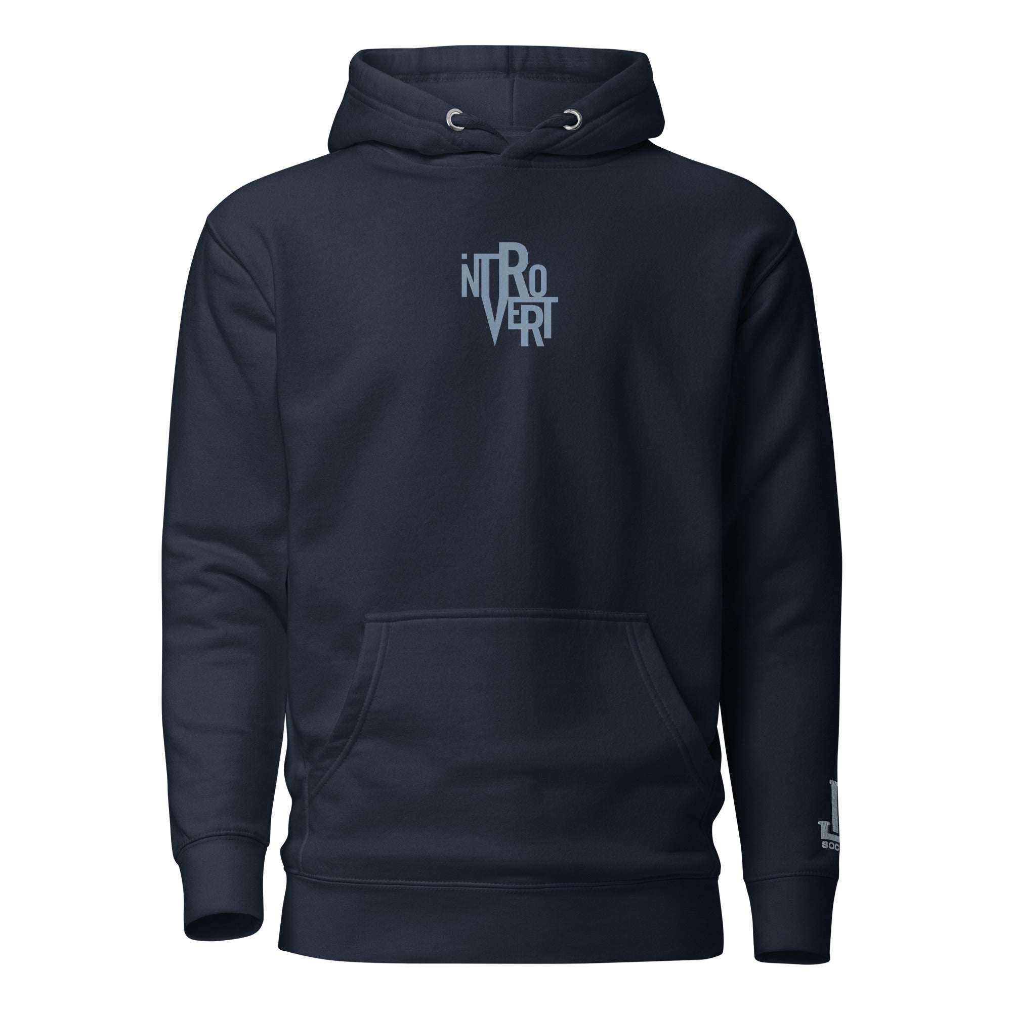 Navy hoodie with 'INTROVERT' graphic design