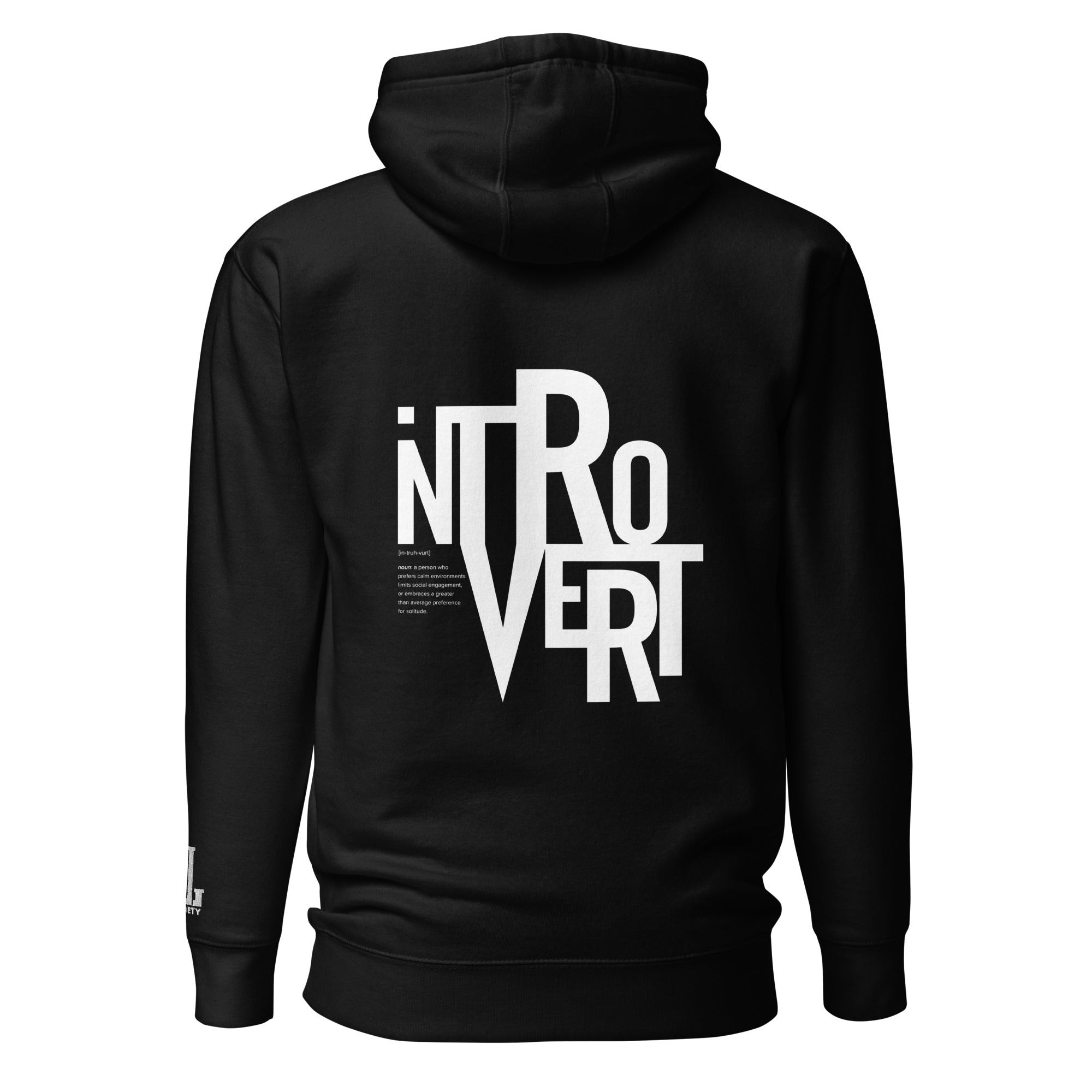 Black hoodie with the word 'INTROVERT' prominently displayed on the back in bold white letters.