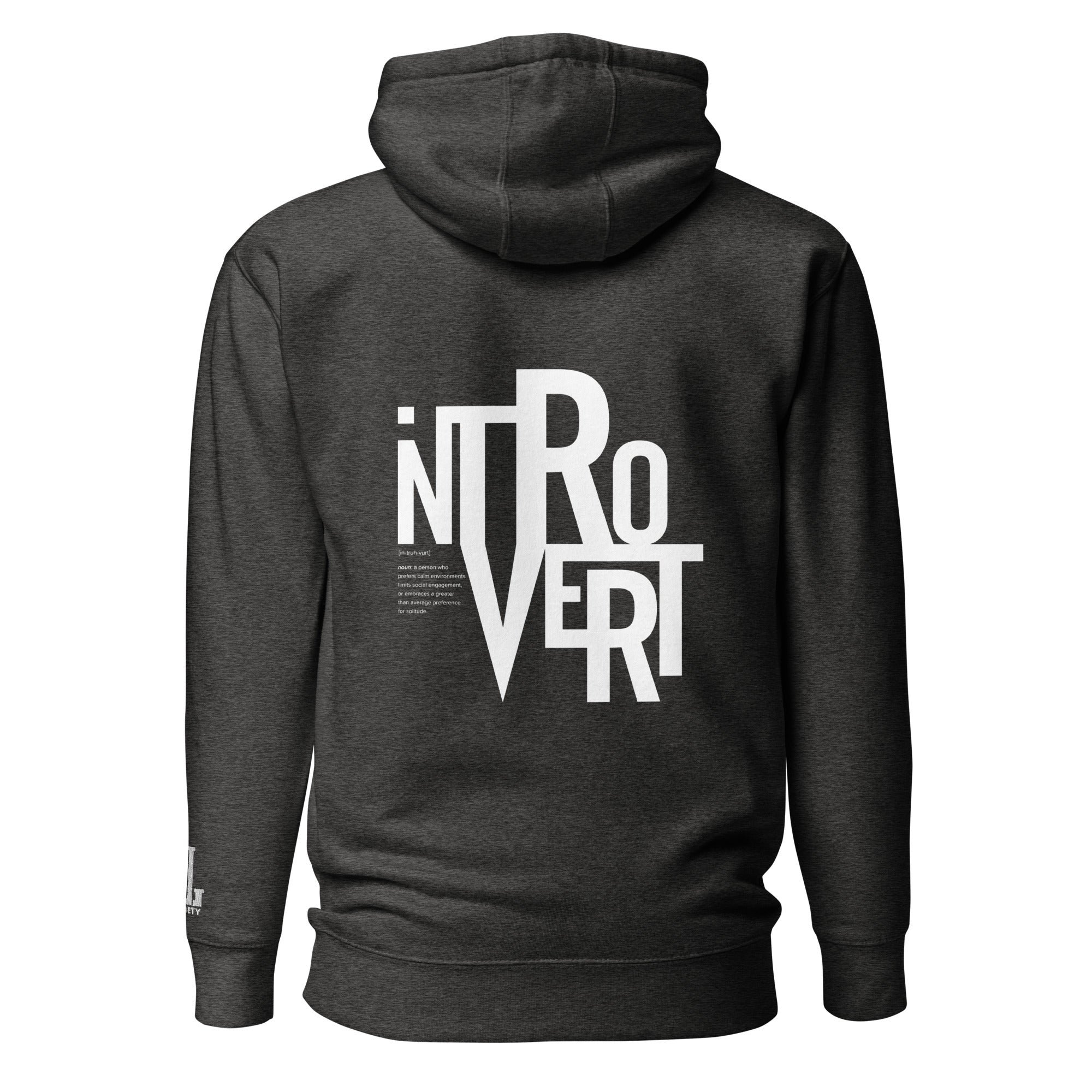 Back view of a dark hoodie featuring the word 'INTROVERT' in bold, stylized letters.