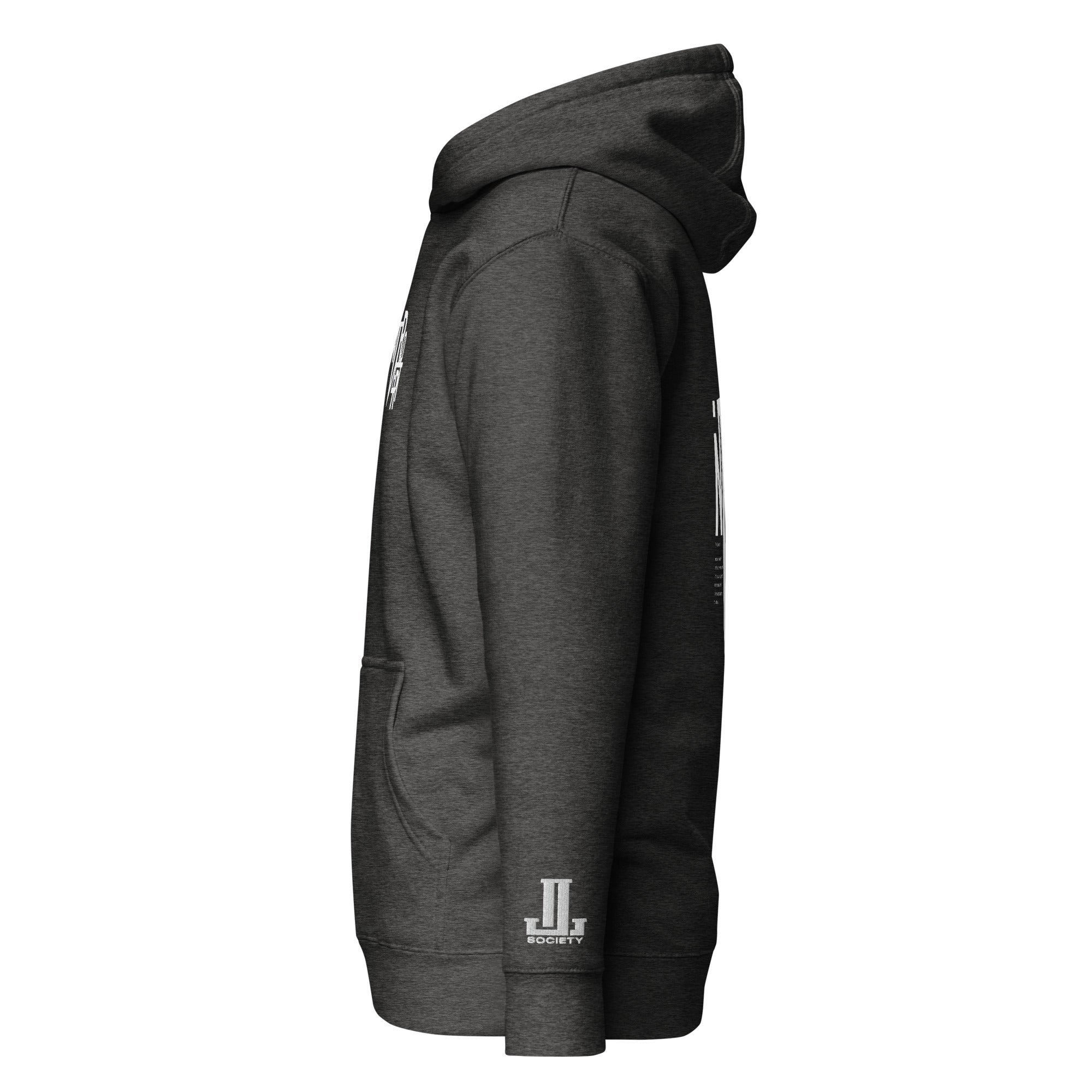 Side view of a dark gray hooded sweatshirt