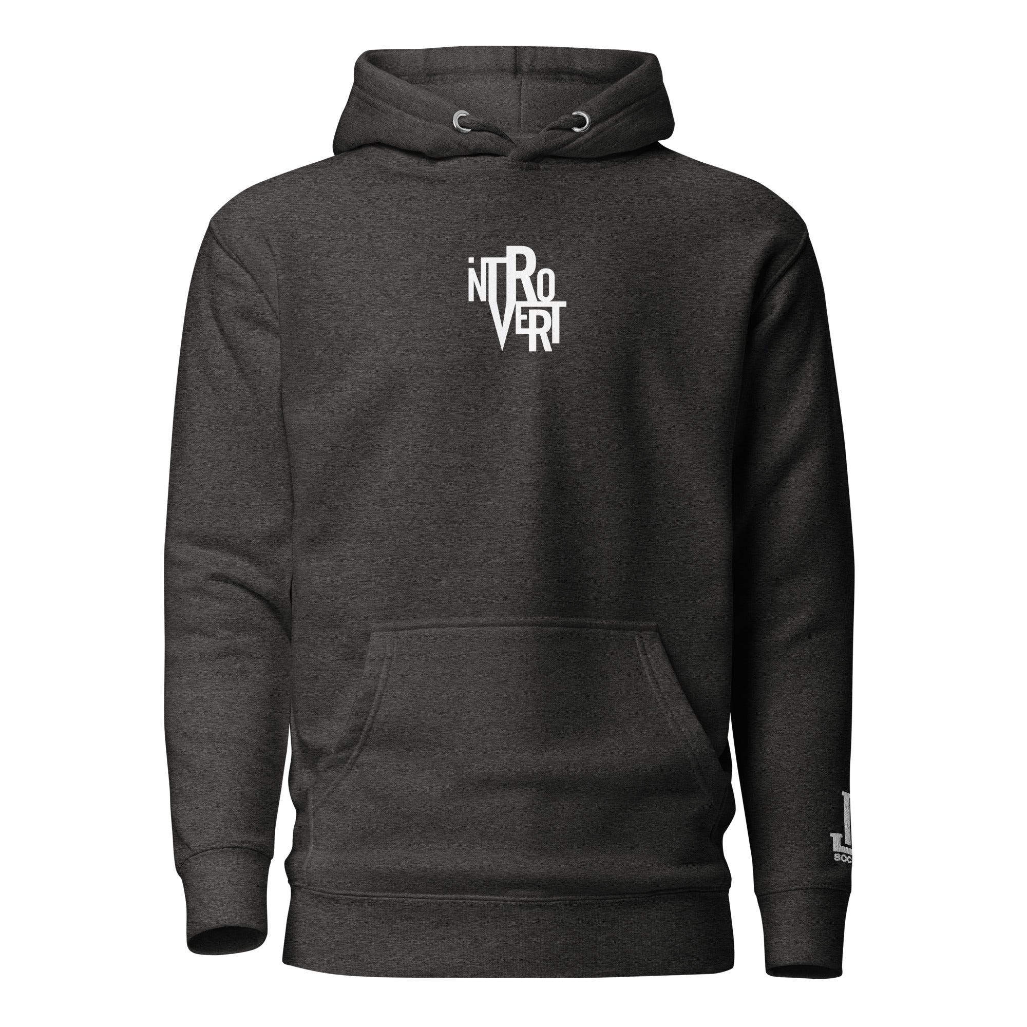 Dark gray hoodie with 'INTROVERT' graphic design