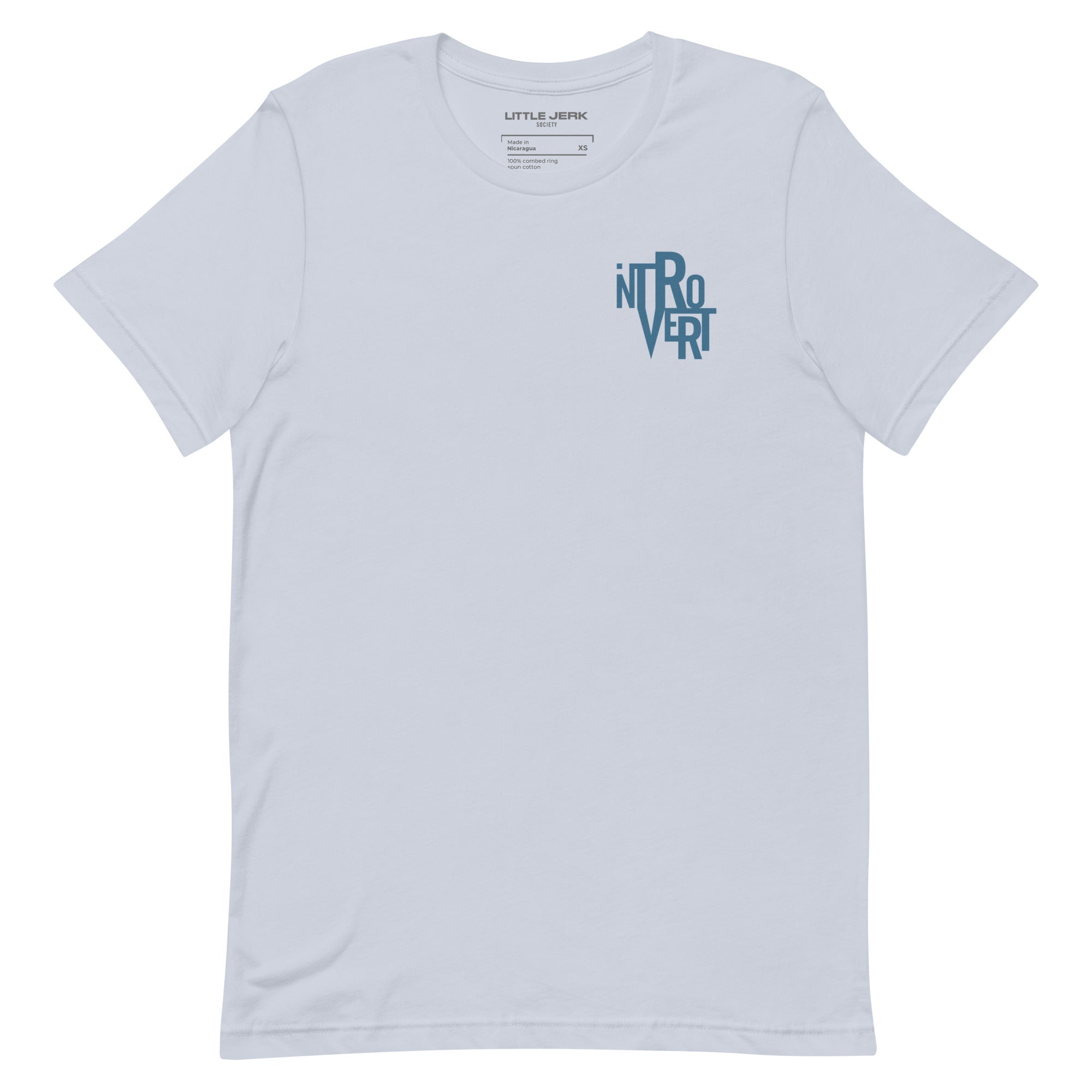 Light blue t-shirt featuring the word 'INTROVERT' in stylized text