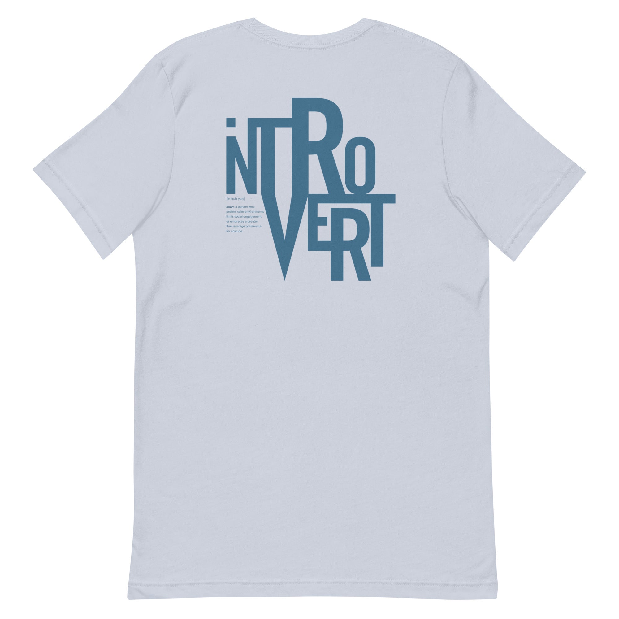 Light blue t-shirt with the word 'INTROVERT' printed in an artistic design on the back.