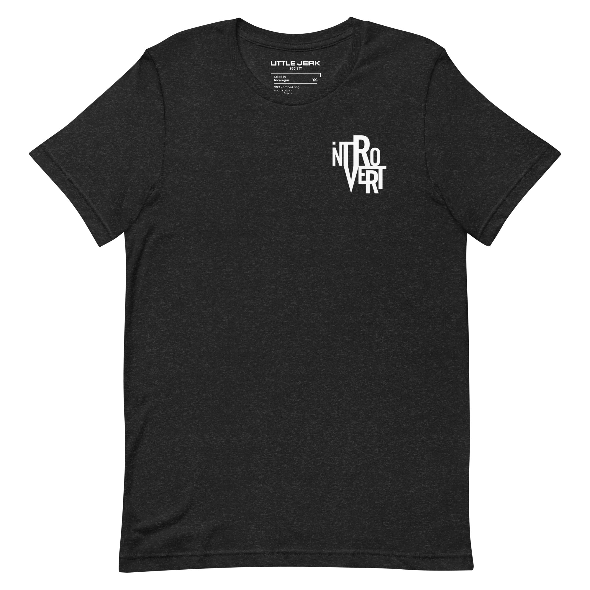Black t-shirt with 'INTROVERT' graphic design