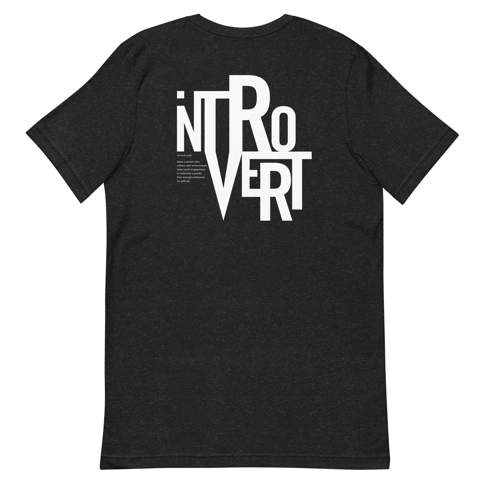 Black t-shirt with the word 'INTROVERT' printed on the back in white, featuring a unique typography design.
