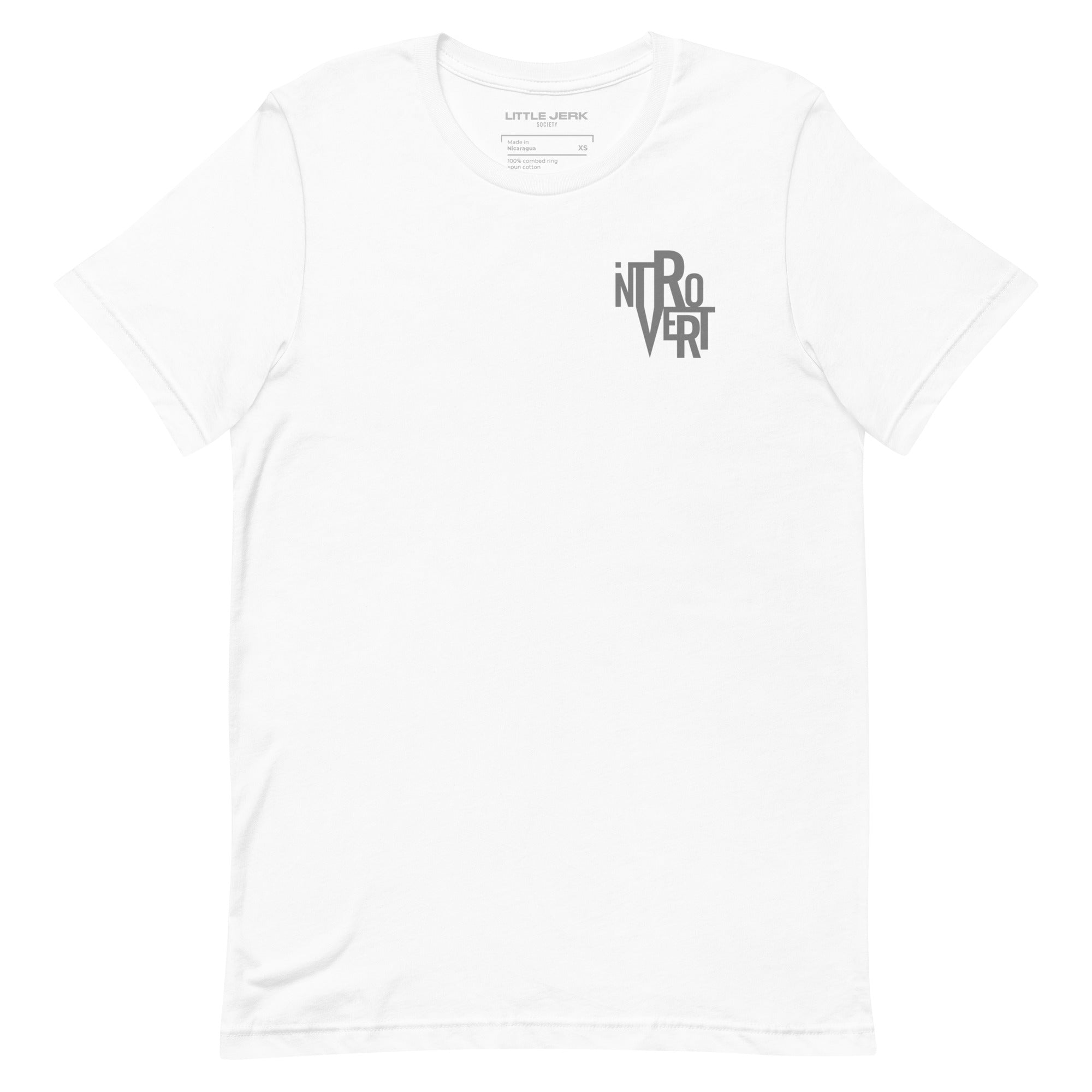 White t-shirt with 'INTROVERT' graphic design