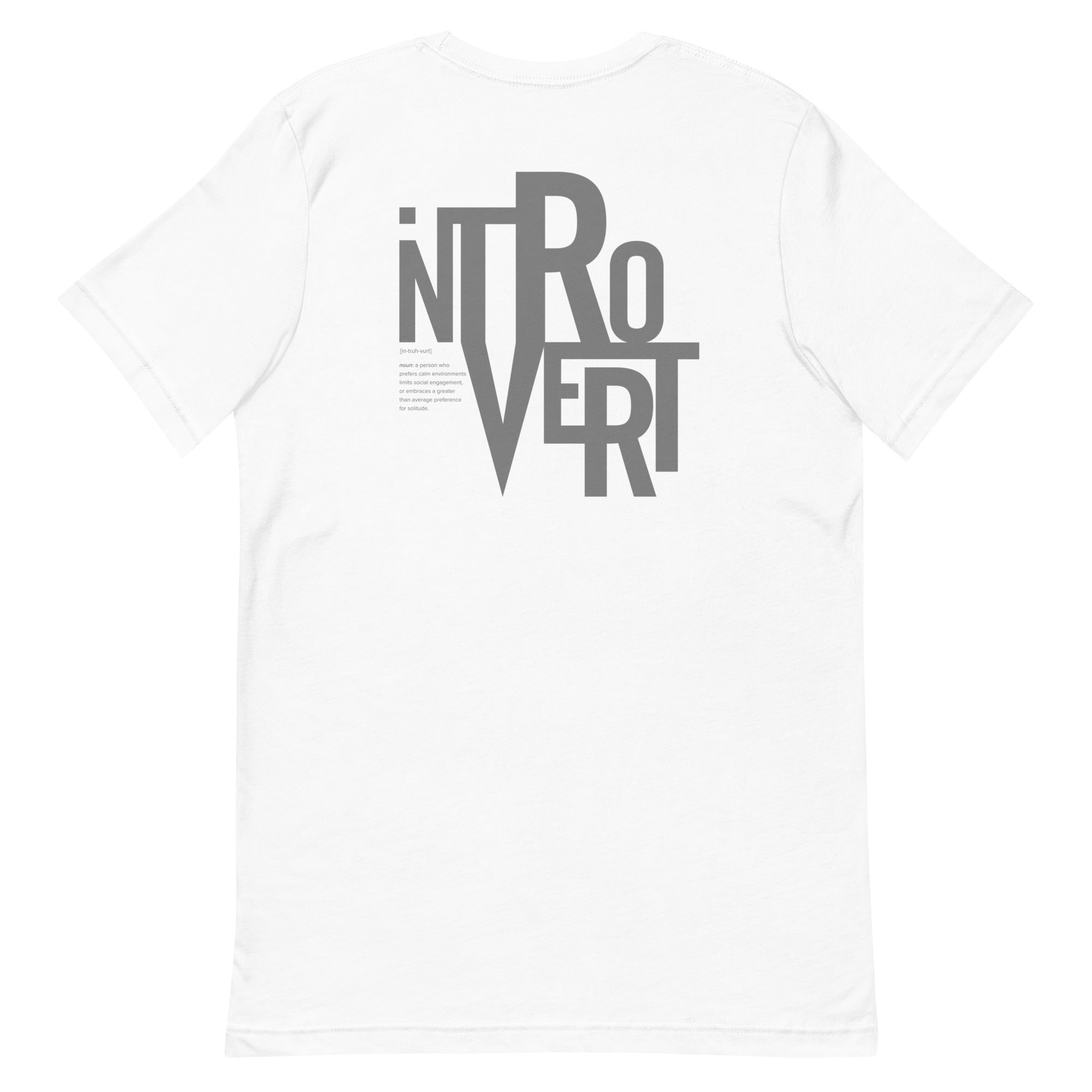 White t-shirt featuring the word 'INTROVERT' in bold, stylized typography on the back.
