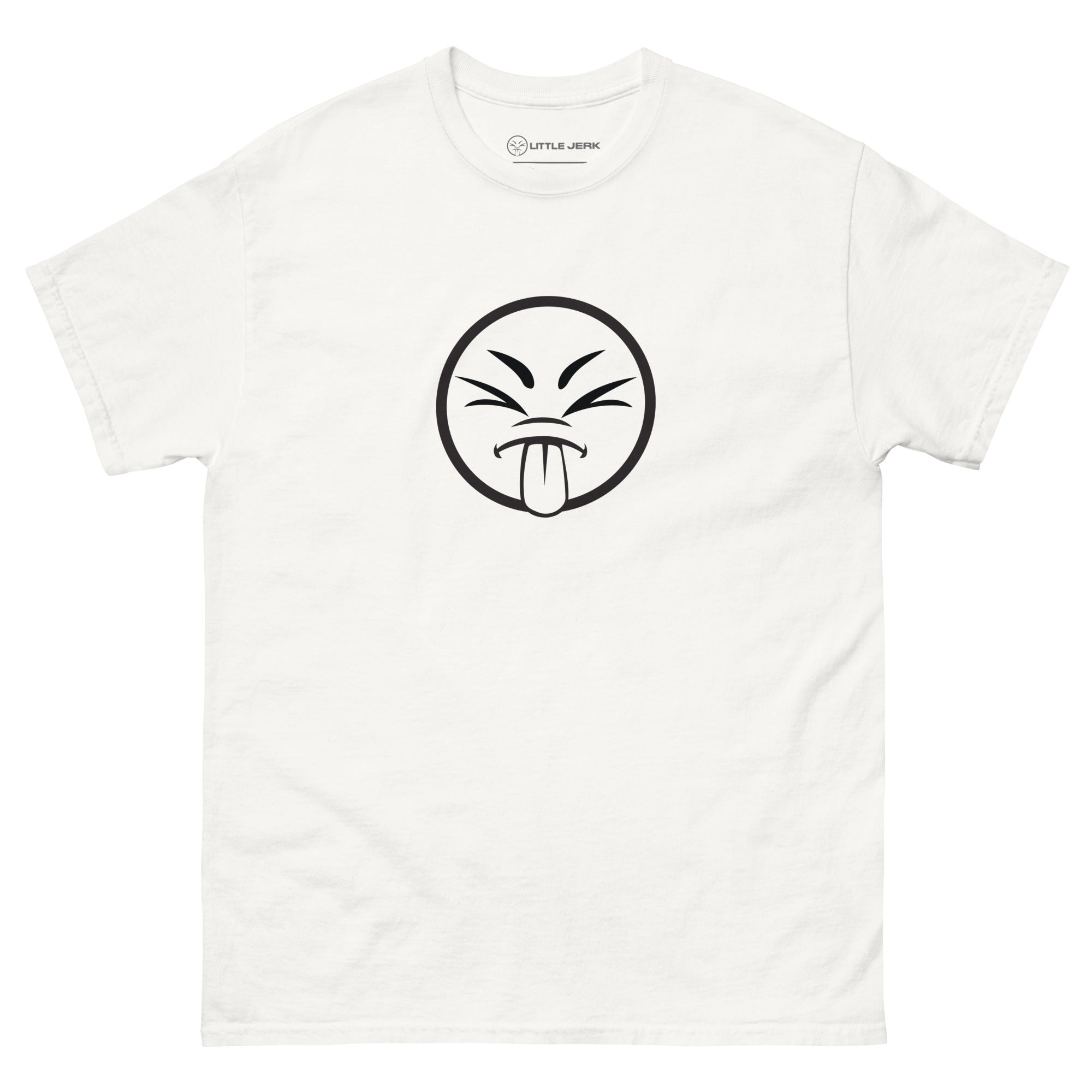 White t-shirt featuring a humorous face emoji with a tongue sticking out.