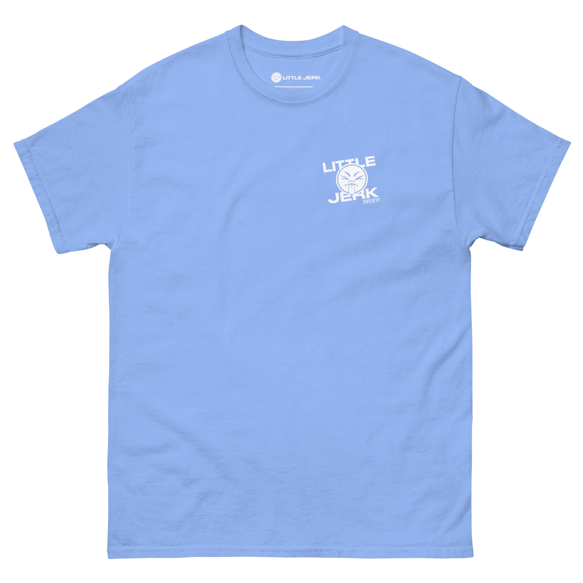 Light blue t-shirt with 'Little Jerk' printed on the front