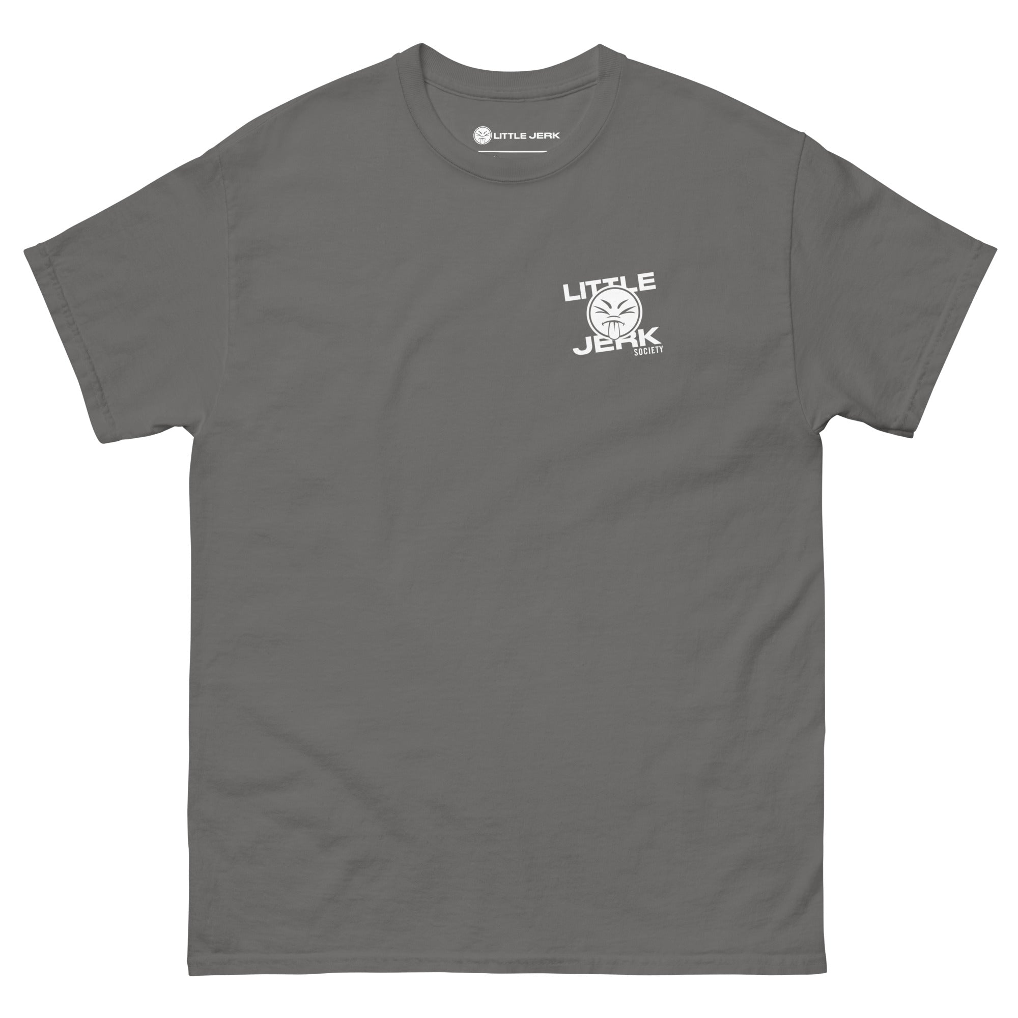 Gray t-shirt with 'Little Jerk' graphic on the front